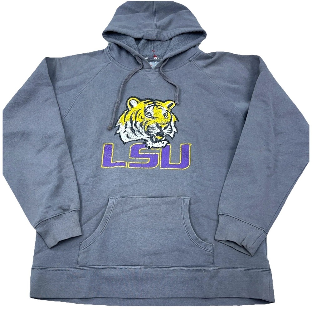 LSU Tigers Hoosie Women XL Gray Champion‎ Sweatshirt Faded Worn Sewn Distressed